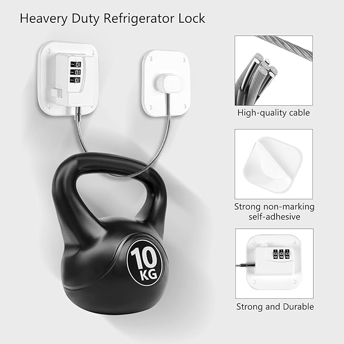 Refrigerator Lock, Heavy Duty Fridge Lock, Combination Lock for Refrigerator Cabinets, Drawers, Safety Lock, Easy Install No Keys Needed (White-4Pack)