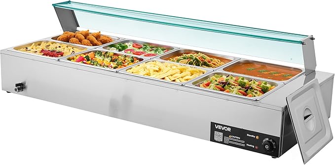 VEVOR Commercial Food Warmer, 1700W Electric Stainless Steel Steam Food Warmer with Glass Cover, 8-Pan Countertop Buffet Bain Marie with Soup & Perforated Ladles, for Catering, Restaurant & Party