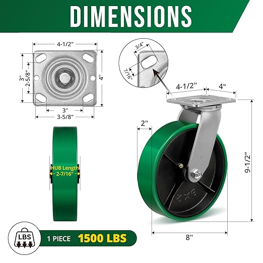 8 Inch Caster Heavy Duty-1500 lbs Each, Polyurethane Wheel on Steel, Plate Caster for Carts Pallet Trucks Industrial Equipment(1 Pack Rigid)