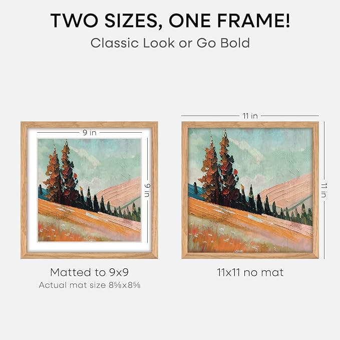 Homeforia 11x11 Picture Frame Wood, High-End Natural Oak 11 x 11 Thin Square Poster Frames with Mat 9 by 9 inch Photo, 11by11 Light Wooden Frame Matted to 9x9 Print, Tempered Glass, Wall Kit, Set of 2