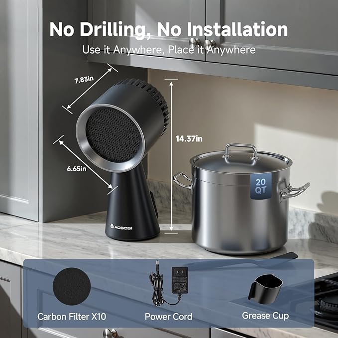 AAOBOSI Portable Range Hood,Desktop Range Hood with Larger Caliber,3 Speed Kitchen Exhaust Fan, Low Noise,Oil Collection Cup,10xAir&Oil Filters,Portable Kitchen Hood for Indoor&Outdoor,RV,Black