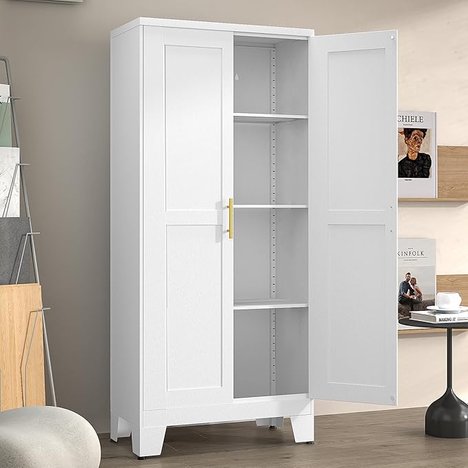 Metal Pantry Cabinet with 2 Doors and Adjustable Shelves - 61" Kitchen Storage Cabinet with Gold Handles - Versatile Storage for Kitchen, Bathroom, Dining Room, Utility Room - White