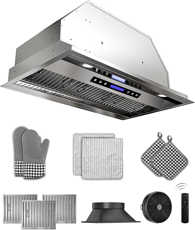 42 inch Stainless Steel Insert Range Hood - 900 CFM, Ultra-Quiet 4-Speed Vent, Touch/Remote Control, LED Lights, Ducted/Ductless Convertible