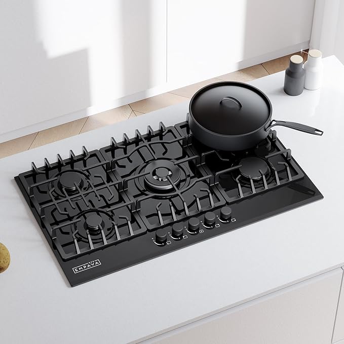 Empava 36 Inch Gas Stove Cooktop 5 Italy Sabaf Sealed Burners NG/LPG Convertible in Black Tempered Glass