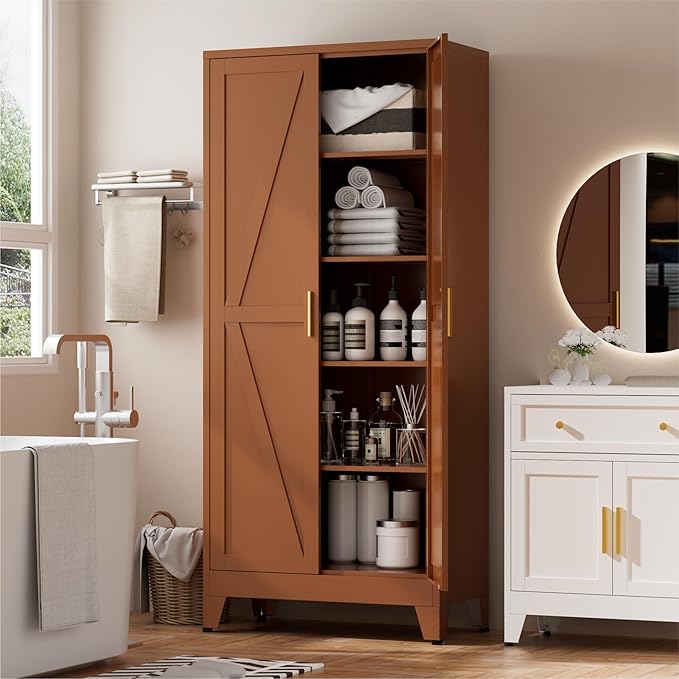 Brown Metal Storage Cabinet,71" Tall Farmhouse Storage Cabinets with 2 Morden Rhombus Doors and 4 Adjustable Shelves, Rustic Freestanding Cupboard for Kitchen,Home Office Living Room,Dining Room