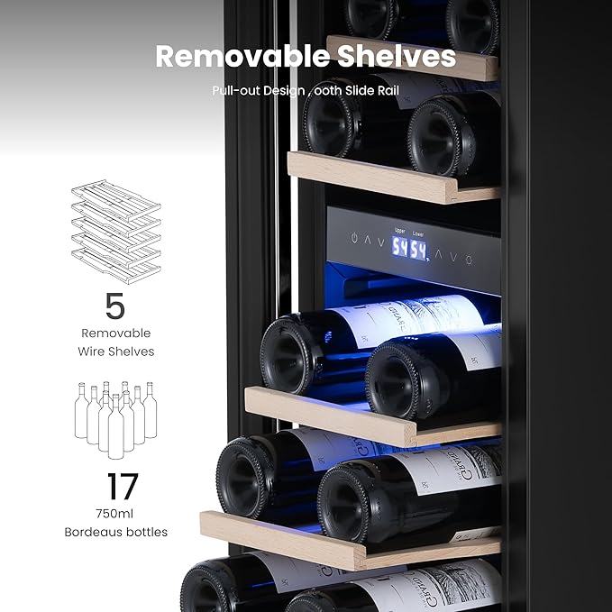 Yeego 12 Inch Wine Fridge Cooler - 17 Bottles Dual Zone Wine Cooler with Glass Door, 40-65℉ Built-In or Freestanding Refrigerator, Under Counter Wine Fridge for Kitchen Bar Office (Left-Hinged)