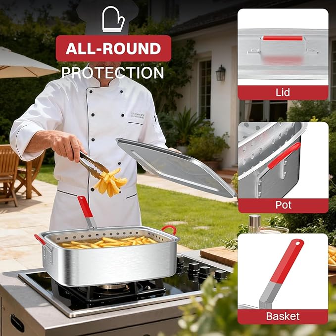 18QT Aluminum Deep Fryer Pot with Basket | Lid | 9" Fryer Tong | 6" Thermometer | Outdoor Fish Fryer Pot | Ideal for Frying Fish | French Fries | Chicken Wings