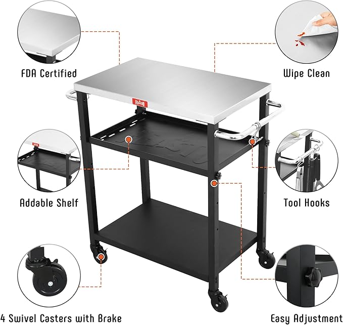 3-Shelf Grill Table, Pizza Oven Stand with Shelf, Movable Pizza Oven Grill Cart, Grill for Outside, Outdoor Bar Cart with Wheels, Stainless Steel top, L26.6xW16.1 Tabletop