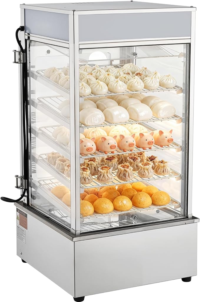 VEVOR 5-Tier Commercial Food Warmer Display, 1200W Food Display Warmer with LED Light, Adjustable Shelf & Stainless Steel Frame, 86℉~230℉ Steam Heating, 120L for Hamburger, Pizza, Bread, Fried Chicken