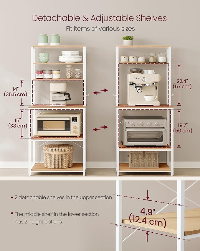VASAGLE Coffee Bar, 23.6 Inches Baker's Rack for Kitchen with Storage, 6-Tier Kitchen Shelves with 6 Hooks, Microwave Stand, Modern, Golden Oak and Cloud White UKKS024W09