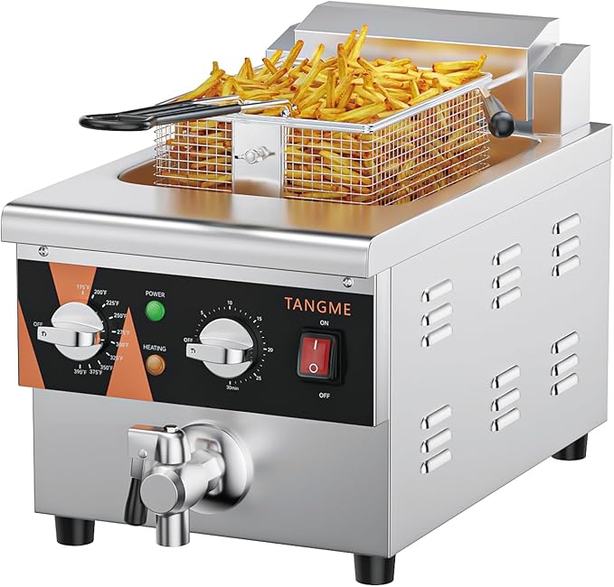 TANGME Deep Fryer with Drain Valve System, 1800w Countertop Electric Fryer 10.7Q/10L Stainless Steel Oil Fryer with Basket,Temp & Time Control