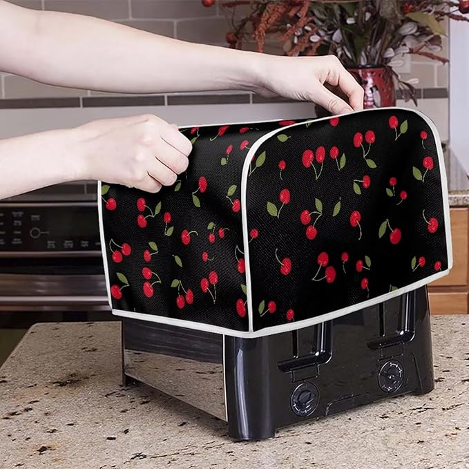 Cherry Print Bread Maker Covers Washable Toaster Oven Cloth Cover 2 Slice Toaster Covers with Handle Anti-Dust Kitchen Appliance Accessories