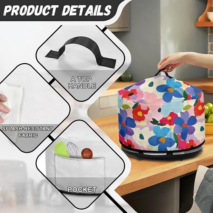 Colorful Floral Painting Print Slow Cooker Dust Cover with Side Pocket for Small Kitchen Appliance Dust Protection Kitchen Dust Cover Easy to Clean, 16 x 14 x 9.6 inch