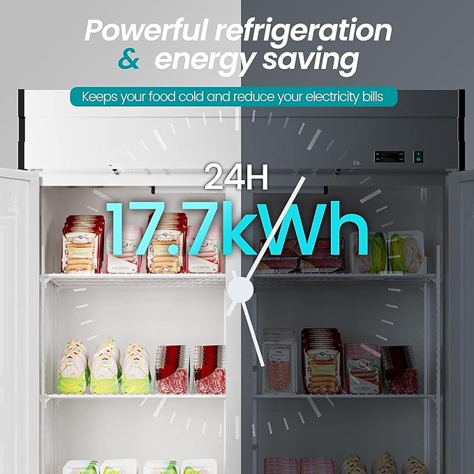 54" Upright Commercial Freezer with 2 Solid Door, -10℉ ~ 10℉, 49 Cu.Ft Reach-in Freezer, Fan Cooling Stainless Steel Freezer with 3 Wheels for Restaurant Bar Garage, ETL and DOE Approved