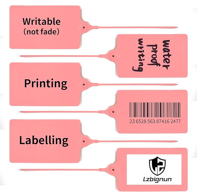 100 Plastic Tags: Big Waterproof Writable Label Ties with One Marker Pen (Pink)
