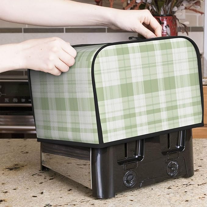 4 Slice Toaster Cover for Kitchen Pastel Green Buffalo Plaid Waterproof and Dustproof Toaster Dust Cover with Side Pockets Decorative Universal Cover for Wide Slot Toasters and Small Appliances