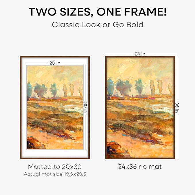 Homeforia 24x36 Walnut Wood Frame, High End Dark Oak 24x36 Large Wooden Poster Frame with Mat 20x30, 24 x 36 Brown Picture Frame Matted to 20 x 30, 36x24 Thin Frame, Tempered Glass, Wall Kit, Set of 2