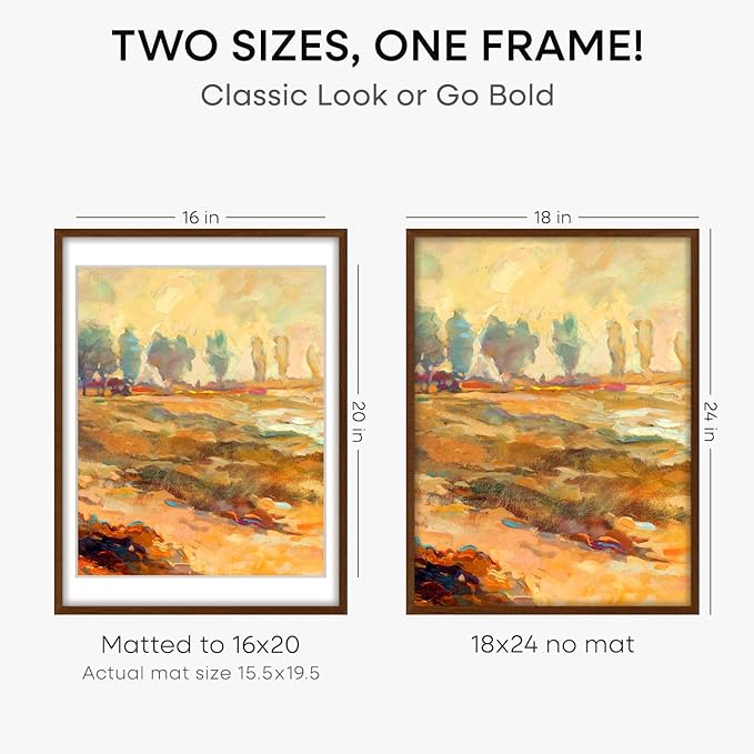 Homeforia 18x24 Walnut Poster Frame, High End Dark Oak 18x24 Brown Wooden Picture Frames with Mat 16x20, 18 x 24 Wood Frame Matted to 16 by 20, 24x18 Hanging Frames, Tempered Glass, Wall Kit, Set of 3
