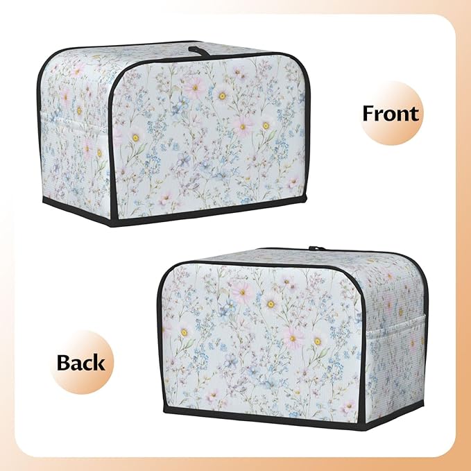 2 Slice Toaster Cover for Kitchen Pastel Wildflower Flower Waterproof and Dustproof Toaster Dust Cover with Side Pockets Decorative Universal Cover for Wide Slot Toasters and Small Appliances