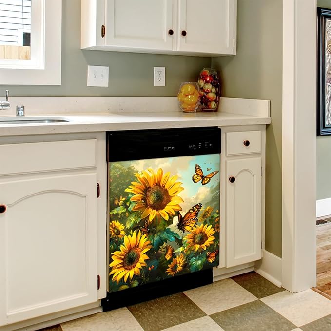 Sunflower Butterfly Dishwasher Magnet Cover Flower Animal Sunflower Dishwasher Decorative Cover Front Dishwasher Door Cover Reuseable Dishwasher Cover Panel Decal for Kitchen Home Appliances 23" X 26"