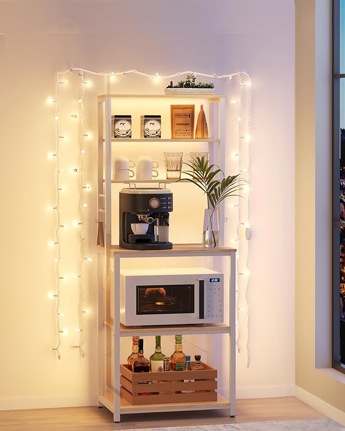 VASAGLE Coffee Bar, 23.6 Inches Baker's Rack for Kitchen with Storage, 6-Tier Kitchen Shelves with 6 Hooks, Microwave Stand, Modern, Golden Oak and Cloud White UKKS024W09