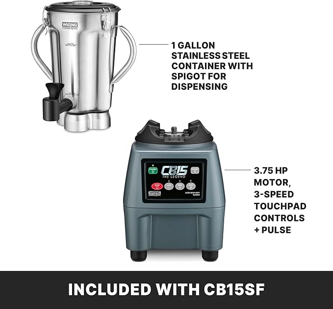 Waring 1-Gallon Blender, 3.75 HP, Stainless Steel Jar with Spigot & Handles, Commercial for Smoothies, Soups & Sauces – CB15SF
