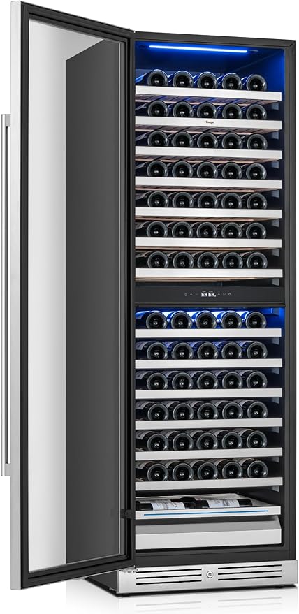 Yeego 24 Inch Wine Fridge Cooler - 154 Bottles Dual Zone Wine Cooler with Glass Door, 40-65℉ Built-In or Freestanding Wine Refrigerator with Lock and 2 Color LED for Kitchen Bar Office (Left-Hinged)