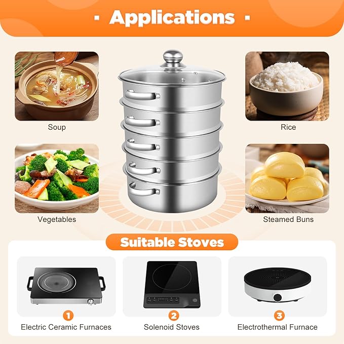 5-Tier Food Steamer Pot for Cooking, Stainless Steel Steamer Pot with Clear Lid, Stackable Steaming Pots Steam Cooker Cookware for Dumpling Seafood, Compatible with Gas/induction Stove (10.23in Diameter)