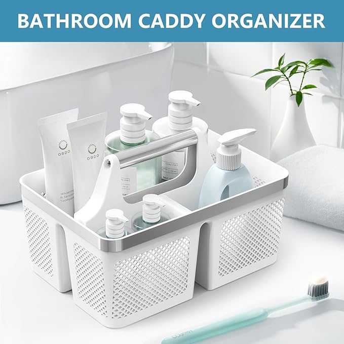 Plastic Shower Caddy Dorm: Portable Bathroom Caddy Organizer with Handle and Holes, Cleaning Basket, Hard Shower Basket Storage Tote for Toiletry, College Dorm Room Essentials White/Silver