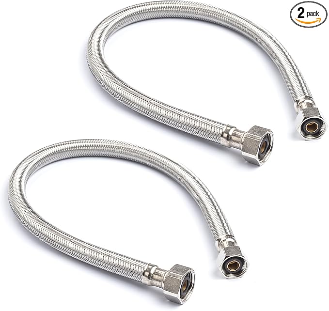 Stainless Steel Braided Water Connectors with Reinforced PVC Inner Hose for Faucets, 3/8" Compression x 1/2" FIP, 12" Length (2Pack)