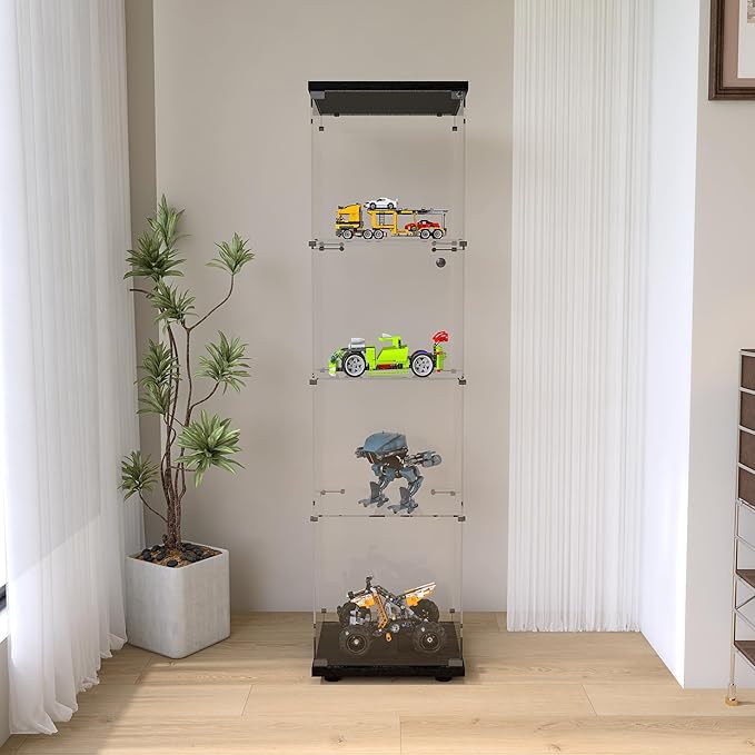 Frameless Glass Display Cabinet, Curio Cabinet with Lock and Glass Door, Floor Standing Showcase Display Shelf for Collectibles, Legos, Figures, Plants