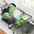 Swedecor Extendable Dish Drying Rack - Compact Dish Rack for Kitchen Counter, Over-The-Sink Dish Strainer with High Enclosed Fence, 360° Swivel Drain Spout, Rustproof, 10"–18.9" L × 15.6" W, Black