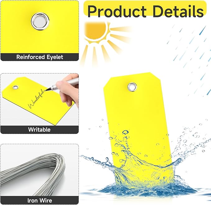 200 Pieces 4 3/4" x 2 3/8" Plastic Shipping Tags with Wire Waterproof Tags for Labeling Heavy Duty Plastic Tags Blank Tags to Write On with Reinforced for Equipment Car Parts Garage Storage(Yellow)