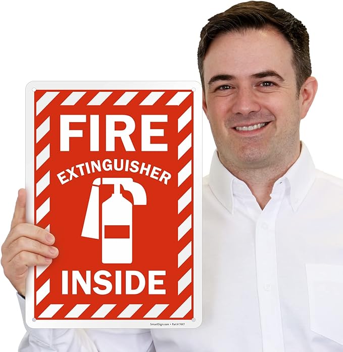 SmartSign 14 x 10 inch “Fire Extinguisher Inside” Metal Sign with Pre-cleared Holes, 40 mil Laminated Rustproof Aluminum, Red and white, Made in USA