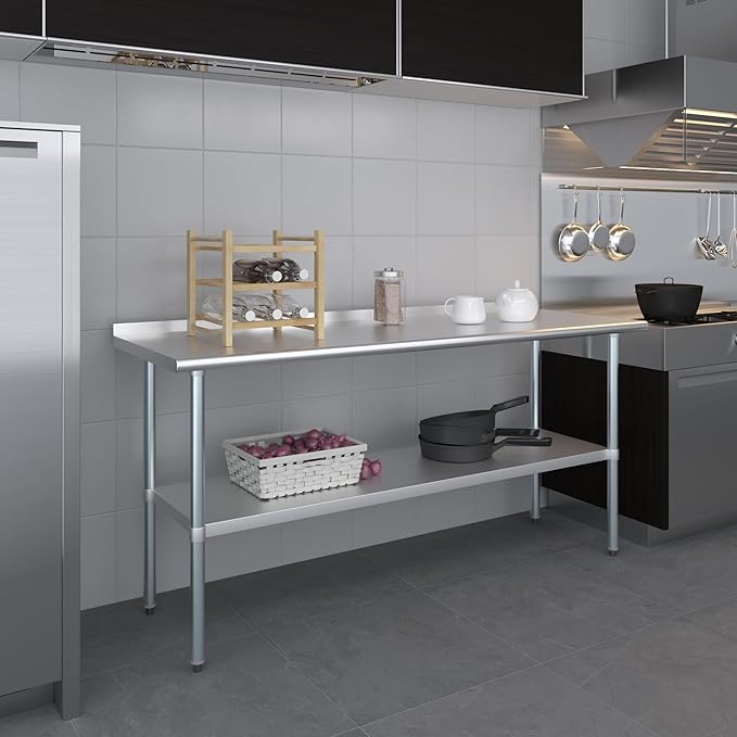 AmGood Stainless Steel Work Table with 1.5" Backsplash | Metal Kitchen Food Prep Table | NSF (72" Long x 24" Deep)