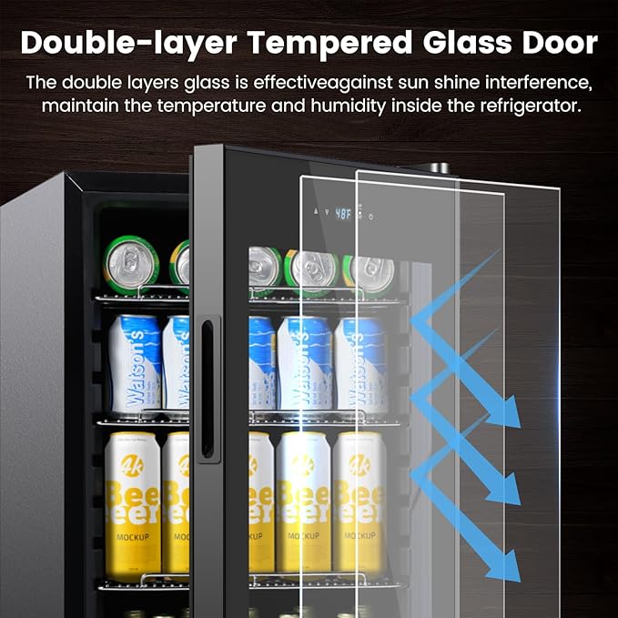 17 Inch Black Beverage Refrigerator Cooler, 96 Cans Mini Fridge with Glass Door&Lock, Beer Fridge for Soda Water or Wine, Drink Refrigerator for Home Office Bar Bedroom
