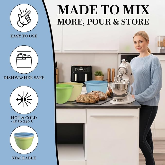 Silicone Bowl Liners for 5 Qt KitchenAid Mixers, Sets of 3 Liners & Lids for Tilt-Head Stand Mixer, Mixing Bowl Insert