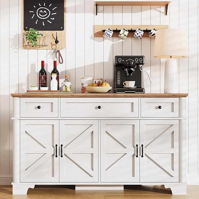 Farmhouse Buffet Cabinet with Storage, 55 Inch White Sideboard Buffet Cabinet with Adjustable Shelves & 3 Drawers, Buffet Table Coffee Bar Wine Bar Storage for Kitchen & Living Room