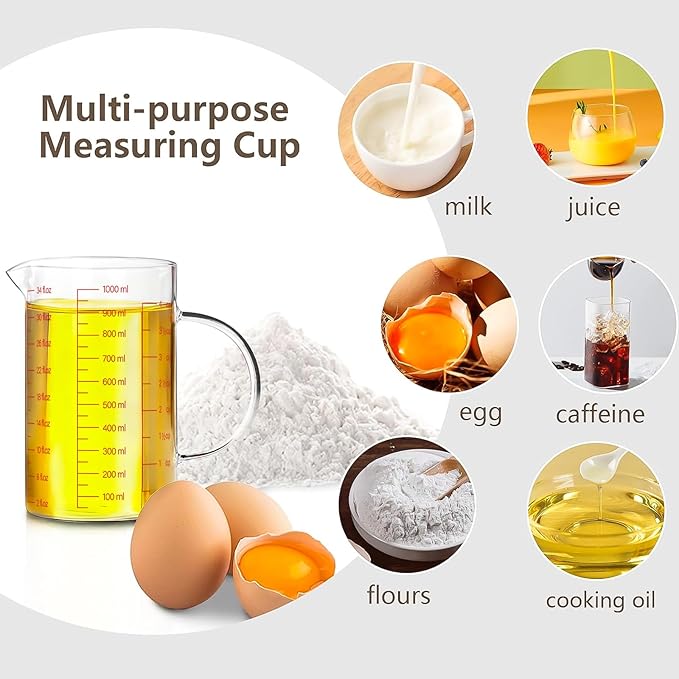 WhiteRhino 4Cup/1000ML Glass Liquid Measuring Cup With Handle,High Borosilicate Glass Three Scales (OZ, Cup, ML/CC) for Kitchen or Restaurant, V-Shaped Spout Glass Measuring Beaker,Easy To Read(34oz)
