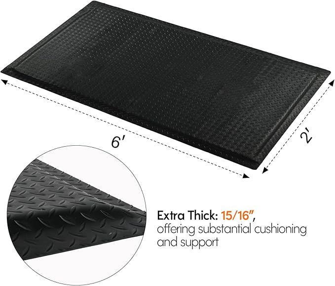 Nisorpa Anti Fatigue Mats Industrial 2' x 6' Ergonomic Standing Mat 15/16" Extra Thick Cushioned Shop Floor Mats Kitchen Mats Heavy Duty Commercial Diamond Plate Support for Leg & Back Pain, Black