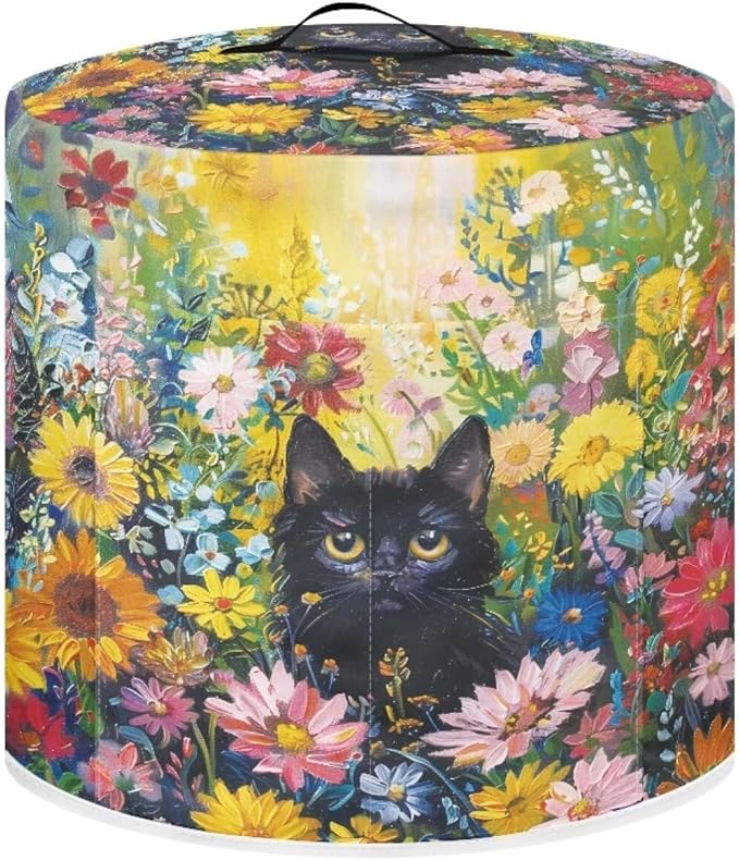 Xoenoiee Black Cat Vibrant Floral Print Kitchen Appliance Dust Cover with Pockets, Electric Pressure Cooker Cover for 6qt Compatible with Crock Pot, Rice Cooker Cover