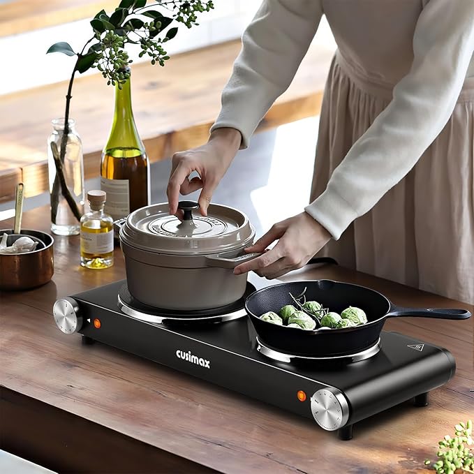 CUSIMAX Double Hot Plates Electric Burner, 1800W Countertop Cooktop with Adjustable Temperature Control, Hot Plates for Cooking Portable Electric Stove, Black Stainless Steel Cooktop, Upgraded Version