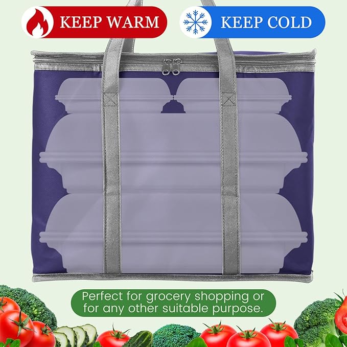 Kenning 15 Pcs Large Insulated Reusable Grocery Bags with Sturdy Zipper and Handles Foldable Washable Cooler Totes Heavy Duty Hot or Cold Food Delivery Bag for Food Transport Travel Lunch (Navy Blue)