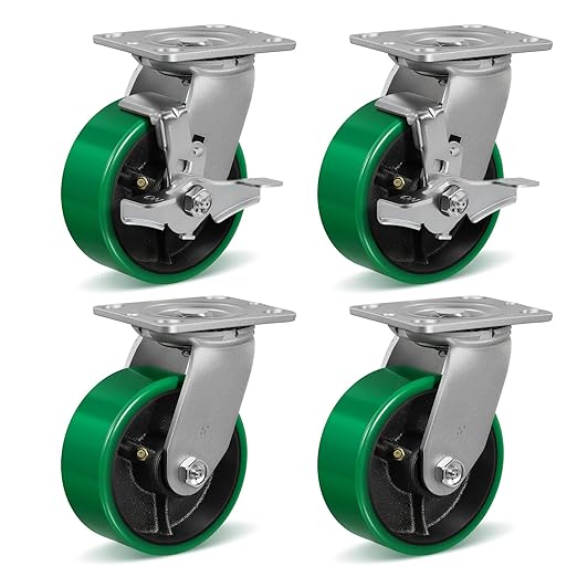 5 Inch Caster Wheels Heavy Duty, Polyurethane on Steel Wheel, Set of 4 Industrial Casters Load 4000lbs, Plate Caster for Carts, Pallet Trucks, Industrial Equipment(2 Brake & 2 Swivel)