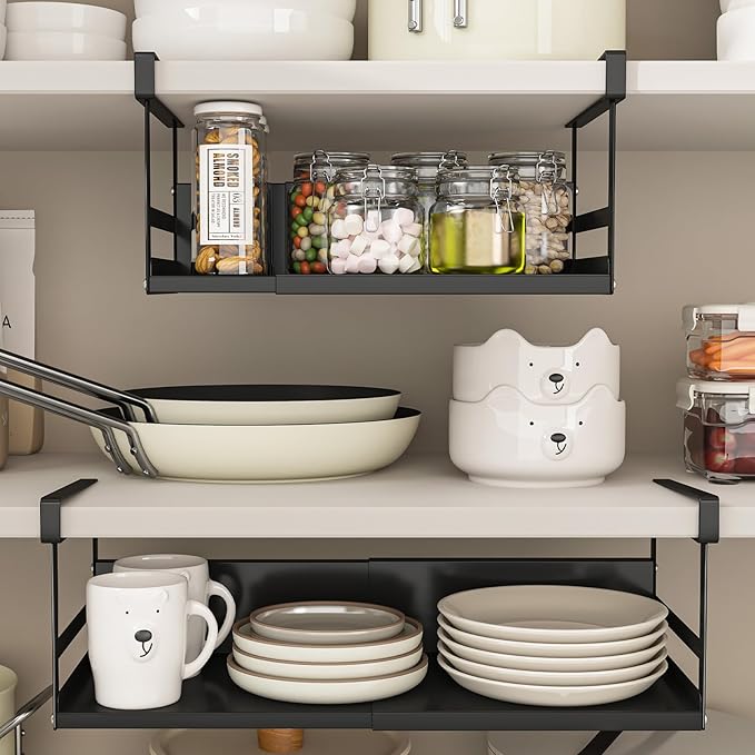 Expandable Under Cabinet Shelf Organizer with 0.94-Inch Thick Clips, Heavy Duty Extendable Under Shelf Storage Basket for Pantry or Laundry Room, Black, 1 Pack, Interior: 5.7" H x 7.2" D