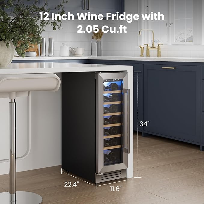 Yeego 12 Inch Wine Fridge Cooler - 23 Bottles Wine Cooler with Glass Door, 40-65℉ Built-In or Freestanding Refrigerator, Under Counter Wine Fridge for Kitchen Bar Office (Left-Hinged)