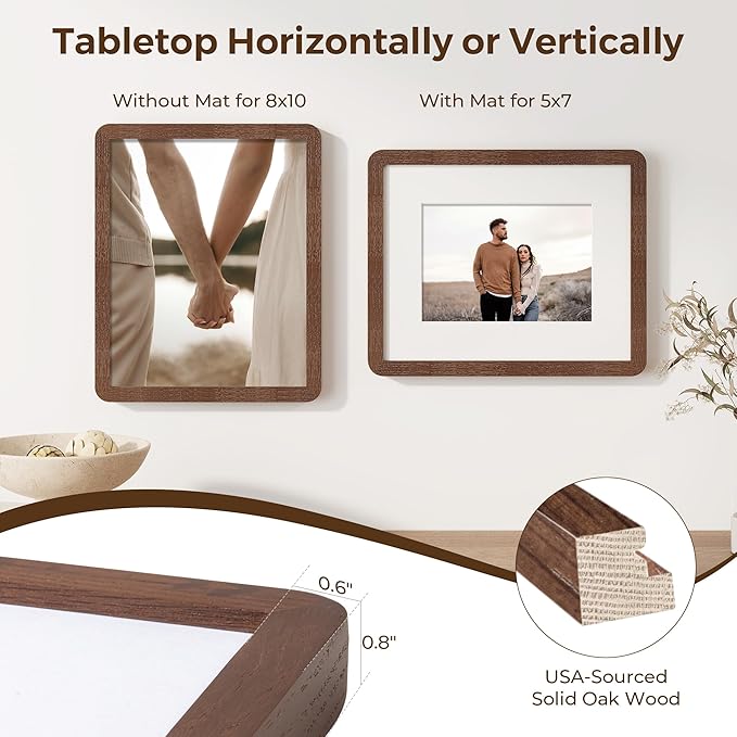 8x10 Picture Frame, Rustic 8 by 10 Photo Frame for Wall & Tabletop Display - Solid Oak Wood & Tempered Glass, 8x10 Picture Frame Matted to 5x7, Wood Collage Frames for Home, Walnut Color, 3 Pack