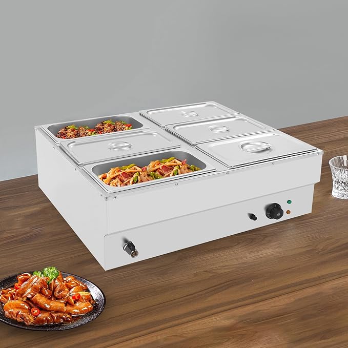 6-Pan Countertop Food Warmer Electric Steam Table for Buffet Commercial Stainless Steel Buffet Steam with 6 Stainless Steel Covers 110V 850W 6.7L Large Capacity (6 Pan/6.7L)