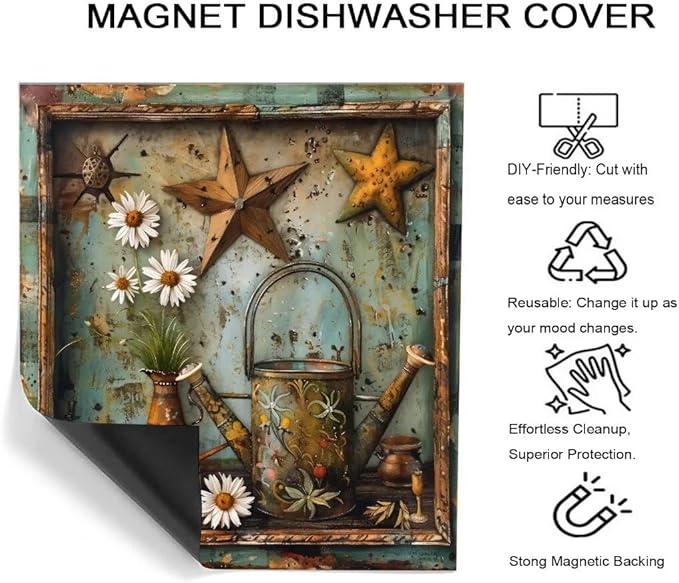 Rustic Farm Daisy Vase Flower Dishwasher Magnet Cover,23" x 26" Dishwasher Cover,Retro Barn Star Primitive Magnetic Decal Vinyl Sticker Kitchen Decor Refrigerator Magnets Self Adhesive Wrap