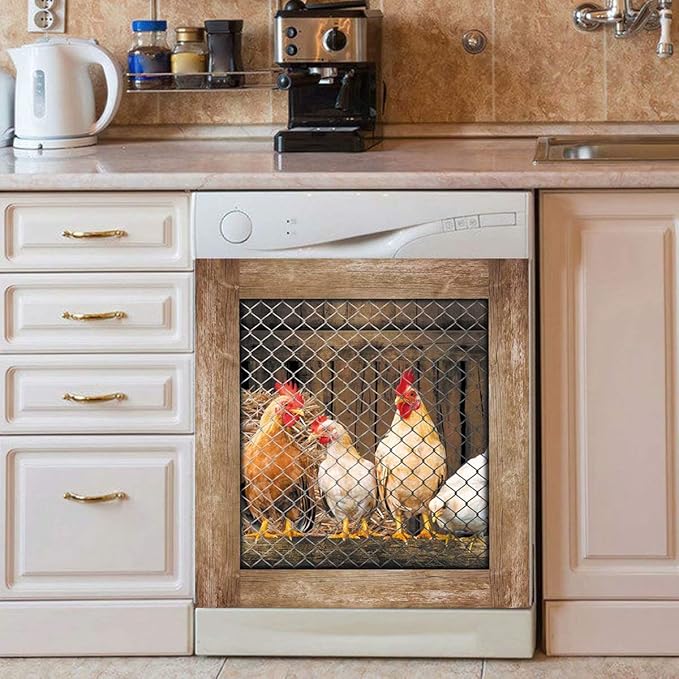 Awak Kitchen Decor Rooster Dishwasher Sticker Magnet Cover,Country Chicken Fridge Door Panels,Farmhouse Hen Refrigerator Magnetic Decals for Home Appliances,Easy To Trim 23 inchx26 inch
